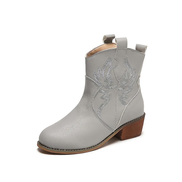 Dam Lågskurna Cowboy Boots Casual Mellanhög Klack Bredd Cowboy Ankle Bootie Skor Grey 36