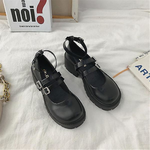 Kvinnor Pu Skor Höga Klackar Lolita College Studenter Japansk Stil Skor Retro Svart Höga Klackar Mary Jane Skor EURO 37