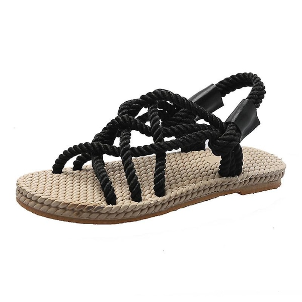 Gladiatorsandaler for kvinner, sommer, flettet tau, plattformhæl, tykk såle, elastisk frontreim, fritidssko i romersk stil, sommer for damer Black 40