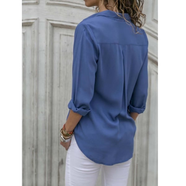 Kvinnor Långärmad Solid Button Down Krage Skjorta Blue L