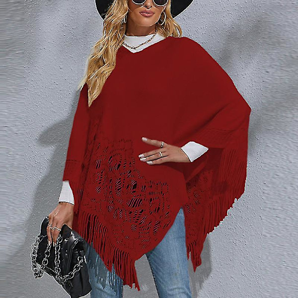 Dam Långärmad Poncho Tröja Ledig Arbets Pullover Cape Vinter Varm Stickad Kappa Red S