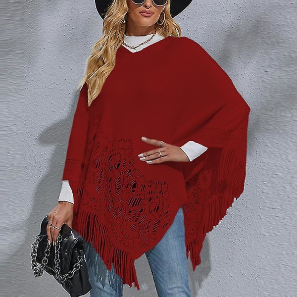 Dame Langærmet Poncho Sweater Casual Arbejds Pullover Cape Vinter Varm Strikket Kappe Red S
