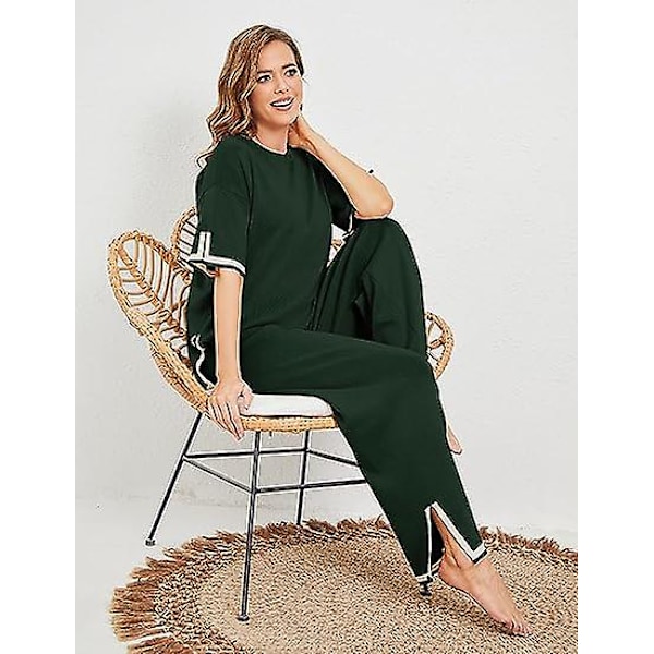 Fashion Kostym Färgkontrast Split Kortärmad Stickad + Högmidjade Slankande Vida Byxor Tvådelad Set green M