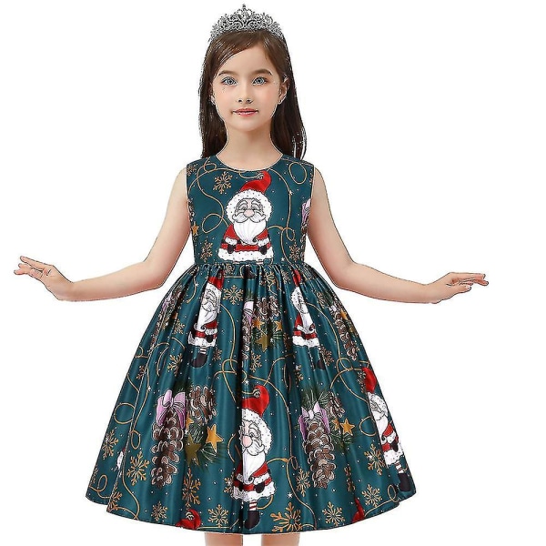 Julekjole til barn, jenter, uten ermer, Santa Claus Midi-kjole med sløyfe og trykk, festkjoler Dark Green 3-4 Years