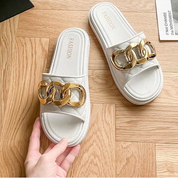 Sommarsandaler för damer, halkfria, snabbtorkande, tjocka lågklackade tofflor, födelsedagspresenter till damer White 36-37