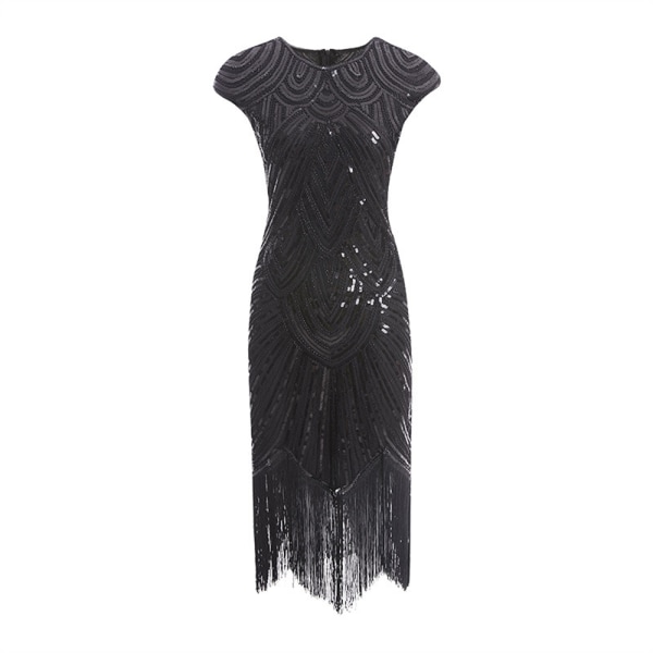 Vintage Flapper Klänningar från 1920-talet för kvinnor Kristallpärlfransade Great Gatsby-klänning Black Black 2XL