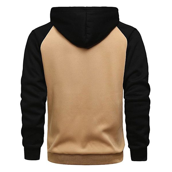 Fleecehettegenser med glidelås for menn, avslappet Colorblock hettegenser Khaki Black M