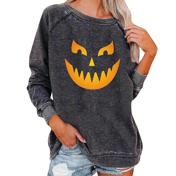 Halloween Kvinnor Casual Sweatshirt Smile Pumpkin Ghost printed Crew Neck Pullover Baggy Tops Dark Gray M