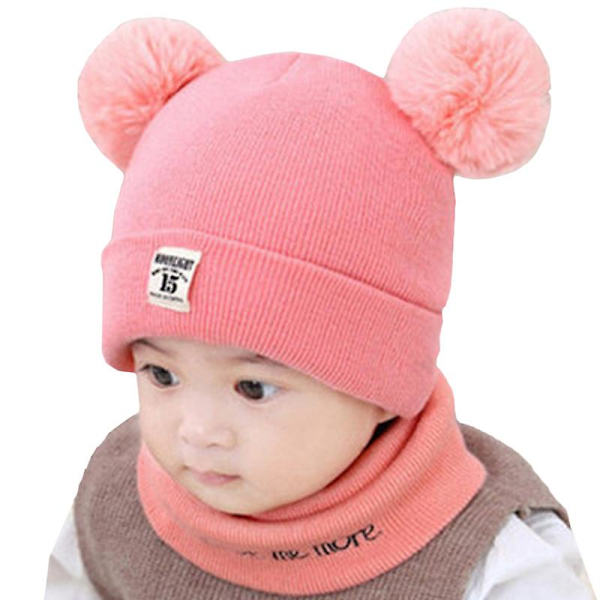 Stickad Babymössa med Pom Pom Tofs och Snood Halsduk Pojke Flicka Småbarn Mössa Set Pink