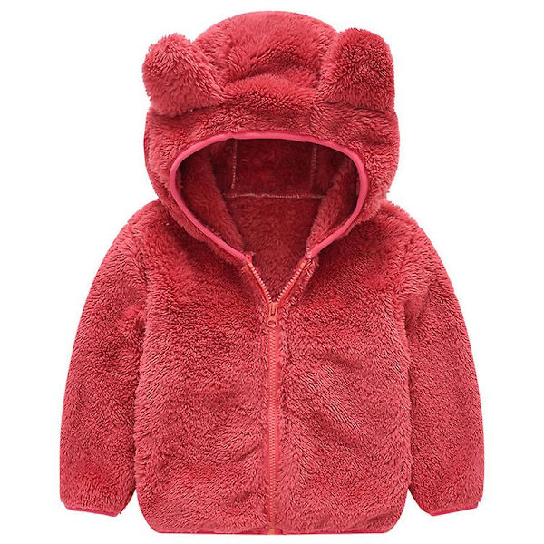 Teddybjörnsjacka med huva för småbarn, fluffig fleece, varm jacka med dragkedja, ytterkläder Red 3-4 Years