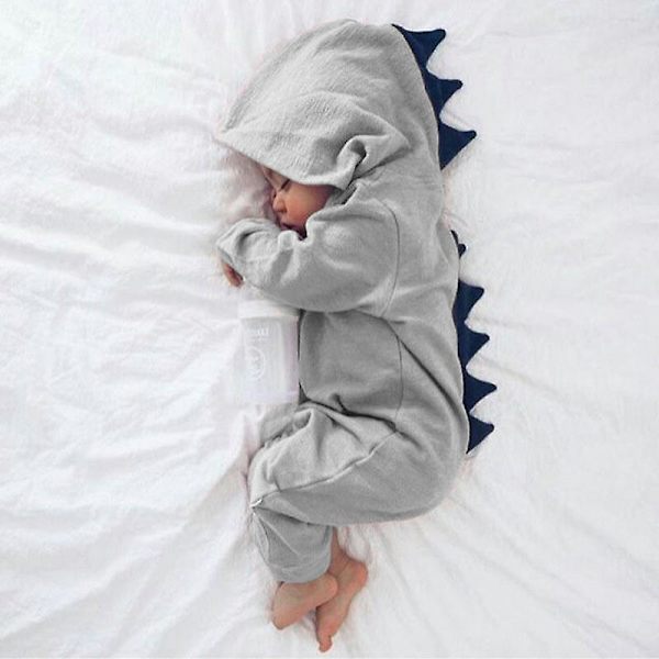 Småbarn Barn Dinosaurie Huvtröja Overall Pyjamas Långärmad Jumpsuit Sovkläder Grey 3 Months
