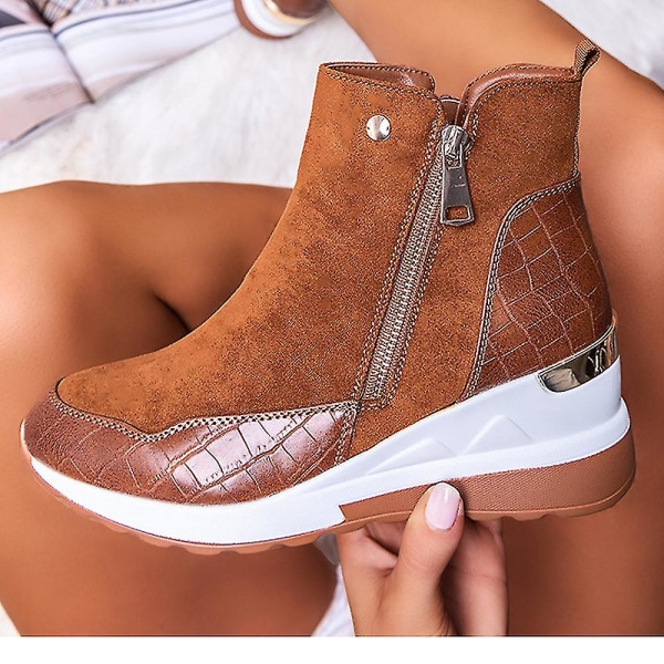 Dame Kilehæl Ankelstøvletter Glidelås Høy Topp Sneakers Treningssko Brown 37