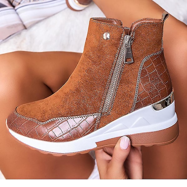 Dame Wedge Ankelstøvler Lynlås High Top Sneakers Træningssko Brown 41