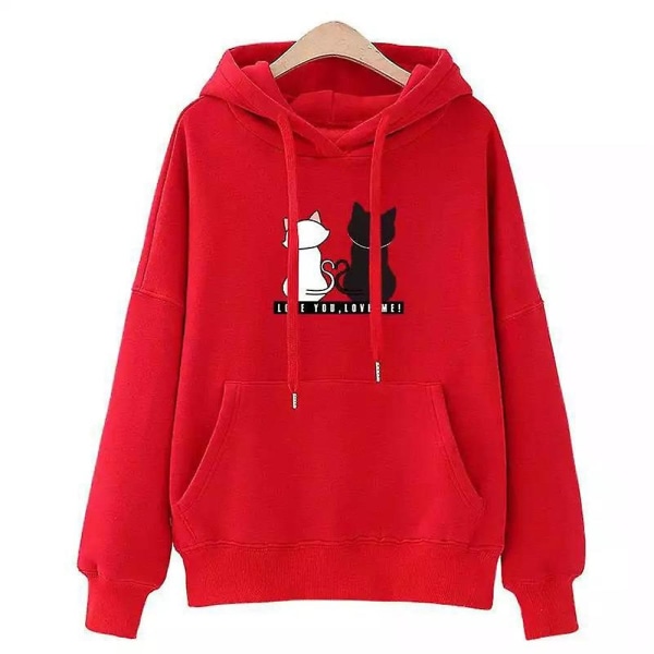 Dame Fleeceforet Hættetrøje med Katteprint, Afslappet Løs Varm Vinter Hættetrøje med Snøre, Pullover Toppe Red XL