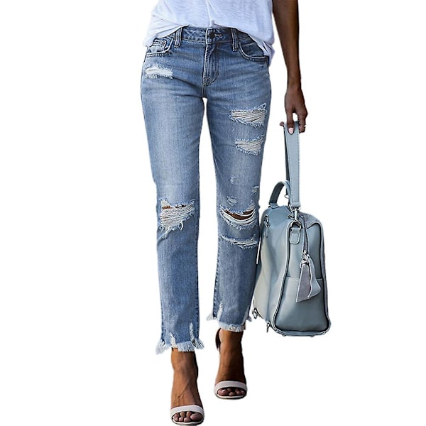 Dame Slitte Boyfriend Jeans i Denim med Hull og Frynser, Slim Fit Bukser Light Blue 2XL