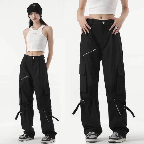 High Street Hip-hop Lynlåsdekoreret Multi-lomme Kran Bukser Dame Høj Talje Hip-hop Spice Girls Løse Lige Casual Bukser Dame BLACK L
