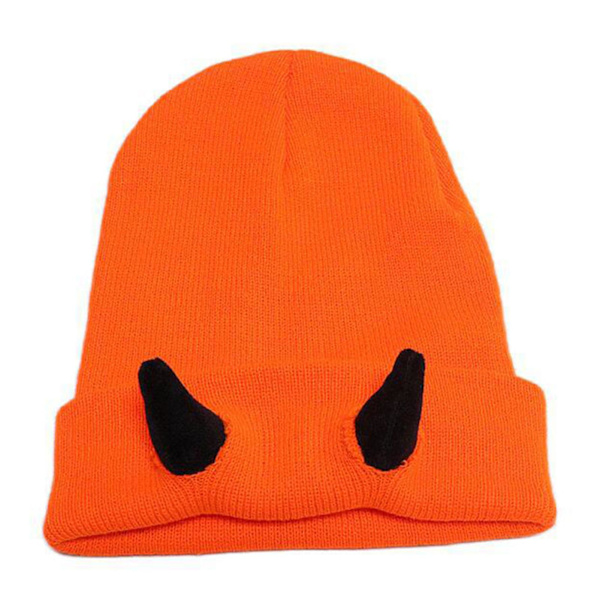 Demon Horns Shape Knit Hat Vindtät Värmande Stickad Mössa För Cykling Promenader Orange Black