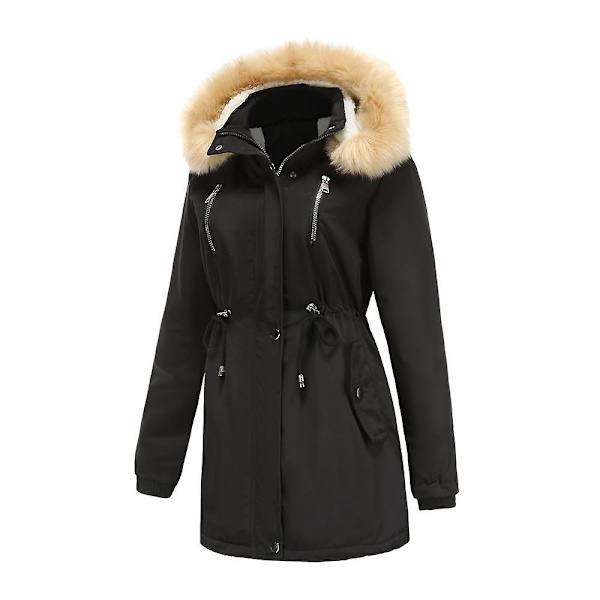 Tykk hetteparkas for kvinner, vindtette fleeceforede jakker med lommer Black S