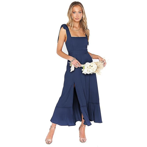 Elegant Brudepigekjole til Kvinder, Firkantet Halsudskæring, Slids, Midi Formel Kjole Navy XL