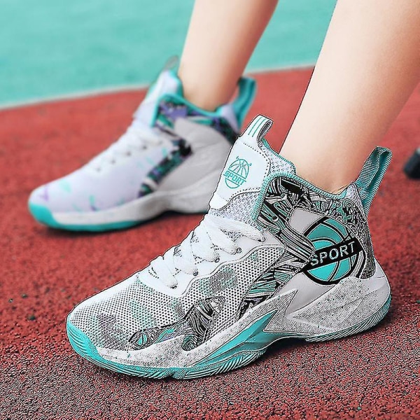 Børne Basketballsko Åndbare Sneakers Drenge Piger Sportssko Yj8768 WhiteGreen 34
