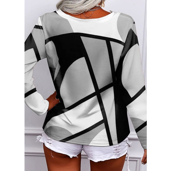 Dame Geometrisk Print Toppe V-Hals Langærmet Skjorte Afslappet Løs Pullover Bluser Gray M