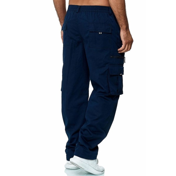 Herr Elastisk Midja Cargo Combat Byxor Multi-fickor Casual Bottoms Militär Armébyxor Navy Blue 2XL