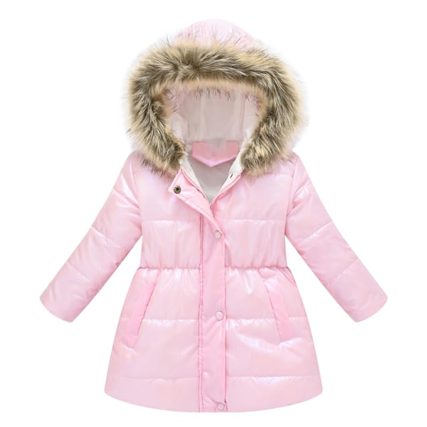 Vinterjakke for jenter, lys og skinnende farge, mellomlang kåpe med hette Pink 140cm