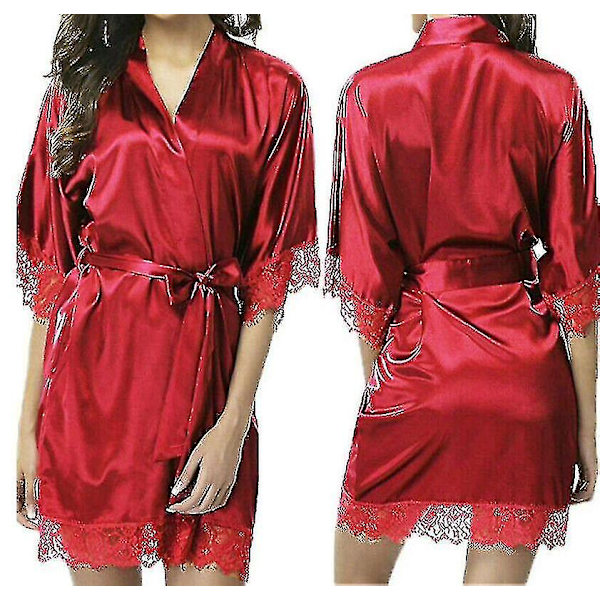 Satin Robe Bröllop Brudtärna Kimono Klänning Nattlinne Badrock -c Red S