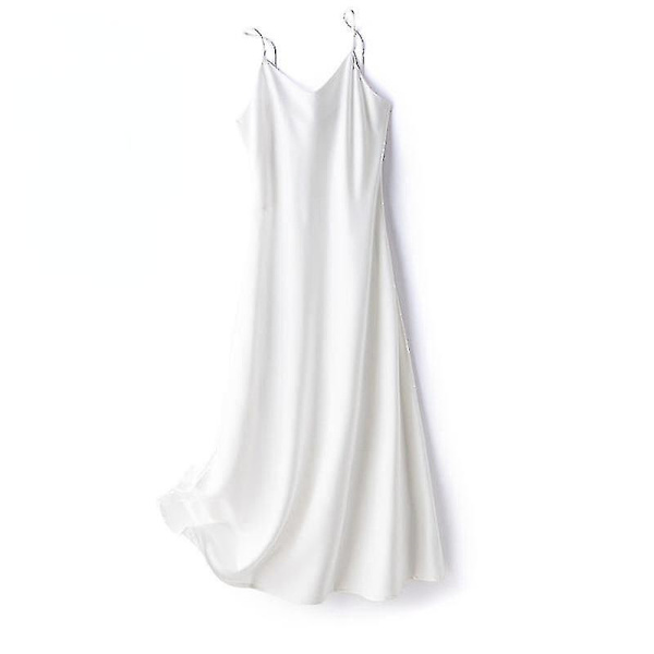 Dam Satin Faux Sidenklänning Axelbandsklänning Nattlinne Sexig A-linje Lång White XL
