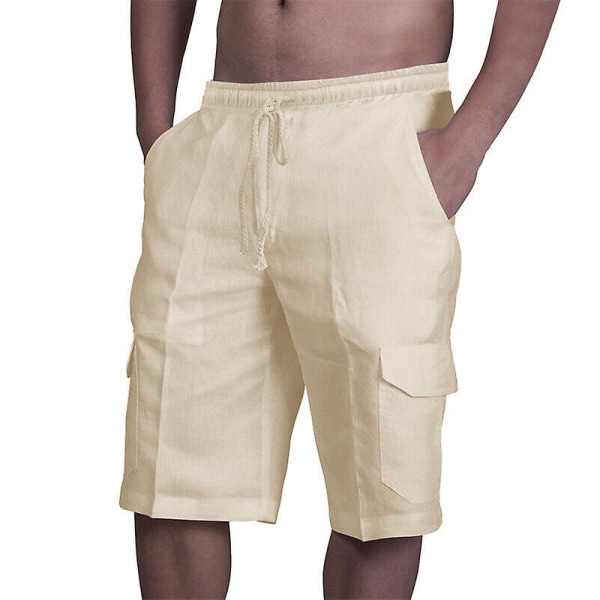 Herr Linne Bomullsblandning Cargo Shorts Dragsko Elastisk Midja Halvbyxor-3 Khaki 2XL