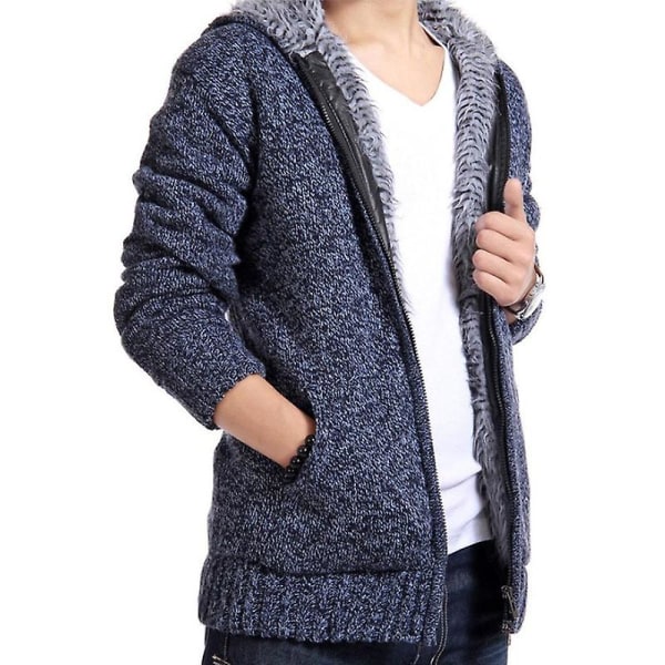 Män stickad fleecefodrad vinter thermal tröja jacka huva ytterkläder Blue XL
