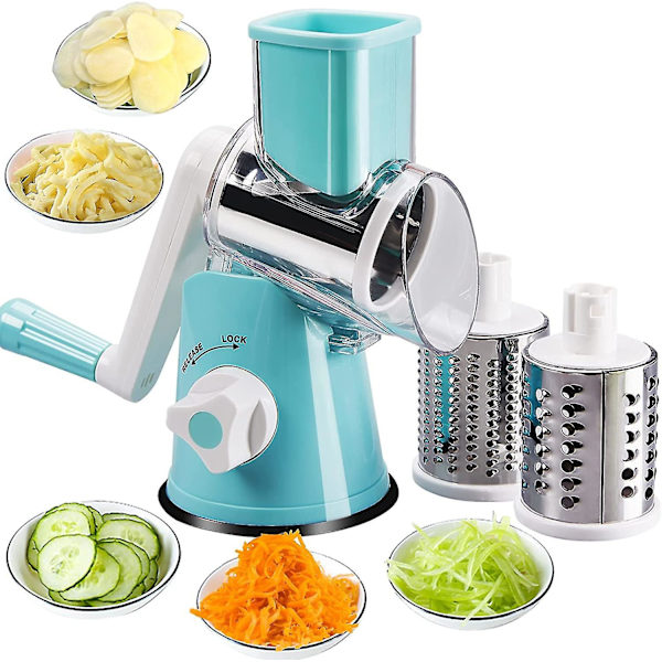 Rotary Hand Vegetable Grater, multifunktionell trumrivare, med 3 rostfria stålblad (blå)