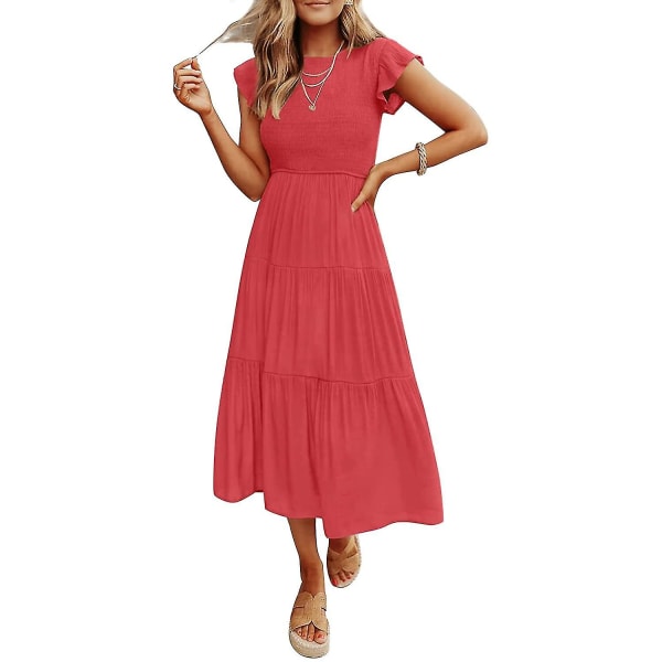 Sommerlig afslappet midi-kjole til kvinder med korte flæseærmer, rund hals, smock og elastisk talje Watermelon Medium