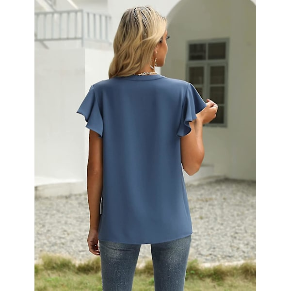 Dam Sommar Casual Delad V-ringning Chiffongblusar Lös Tunika Kortärmade Toppar 05blue Small