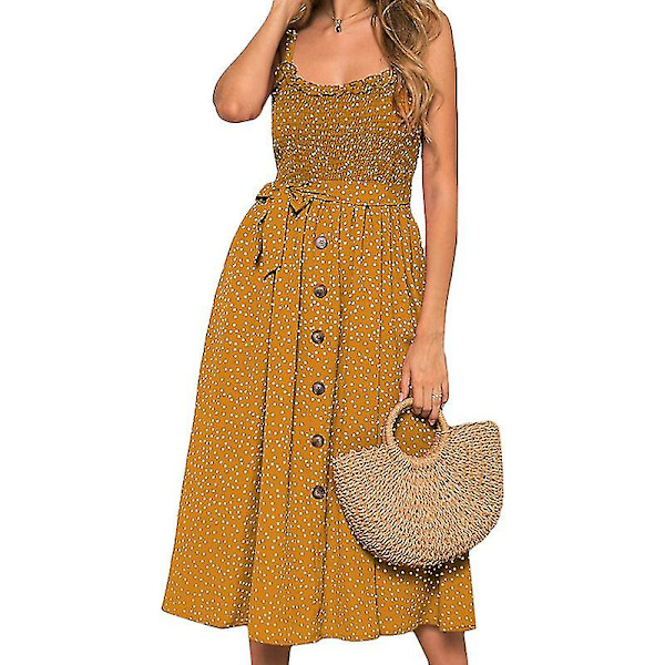 Dame Sommer Prikket Midi Kjole Ferie Bælte Strand Swing Løs Sommerkjole Yellow M