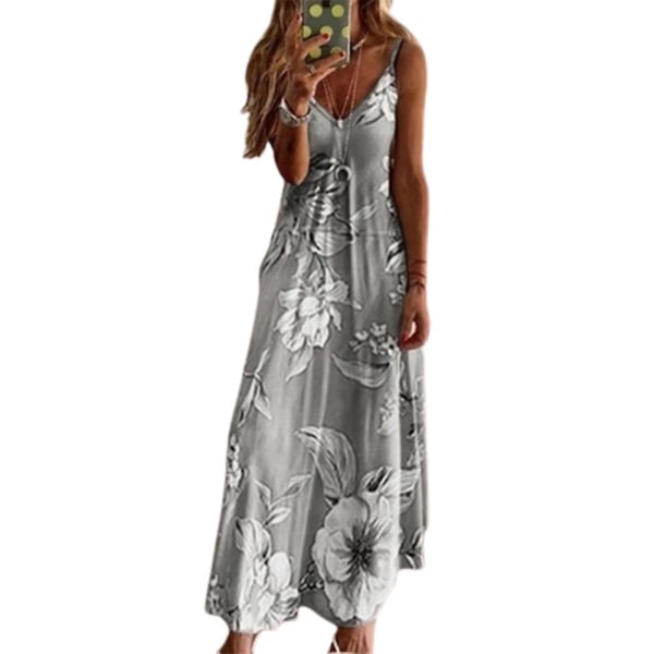 Kvinnors Casual Sommar Boho Maxi Klänning Spaghetti Rem Sleeveless Blommig Tryck V-hals Strand Långa Solklänningar Plus Storlek Grey 2XL