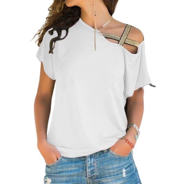 Dame Cross Cold Shoulder T-shirt Sommer Afslappet Stilfuld Kortærmet Tee Bluse Løse Toppe Plus Size White 4XL