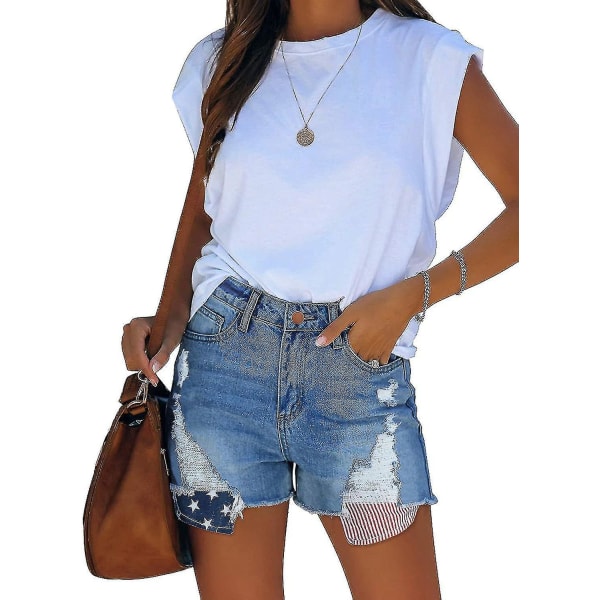 Avslappnade midjeveckade fållar slitna stretchiga denimshorts damshorts skinny denim hotpants Blue S