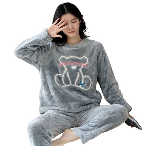 Dame Vinter Flanell Pyjamas Sett Søte Trykte Langermet Nattøy Topp Og Bukse Sett For Nattøy Pyjamasparty New Bear M
