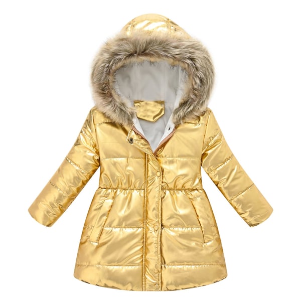 Kid Girl's Winter Puffer Jacka Ljus och glänsande färg Mellanlång kappa med huva Golden 120cm