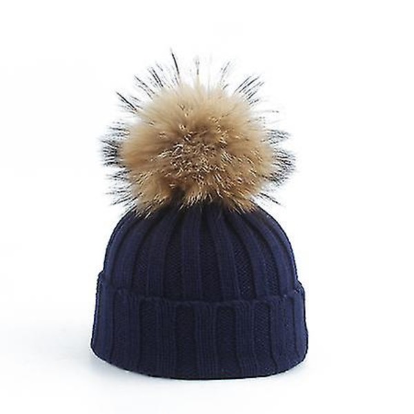 Småbarn Flickor Pojkar Varm Vinter Päls Pom Hatt Stickad Mössa Virkad Skidmössa Bollmössa navy