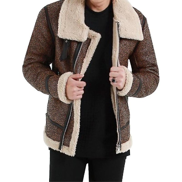 Herre Faux Lamme Fleece Foret Biker Jakke Lynlås Tykt Overtøj Brown M