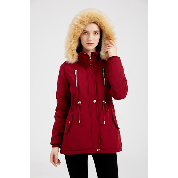 Tykk hetteparkas for kvinner, vindtette fleeceforede jakker med lommer Wine Red M