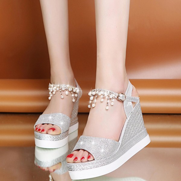 Flatform Wedgesandaler for kvinner, avslappede espadrillesandaler med kilehæl, ankelstropp med perler, bursdagsgaver til damer Silver 33