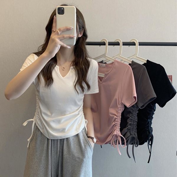 Naisten yksivärinen lyhythihainen T-paita kiristysnyörillä rypytetty toppi lyhyt T-paita vapaa-aikaan ja koulukampukselle Dark Grey XL