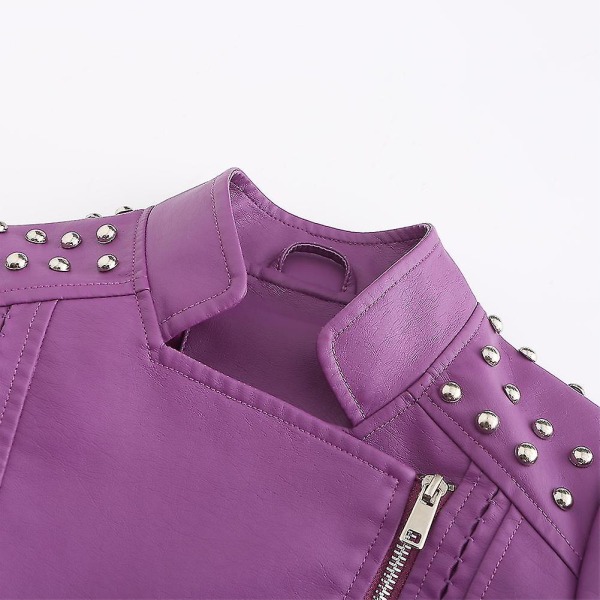 Dam Slim Fit Enfärgad Dubbad Shoulder Zip Kort läderjacka Purple XS
