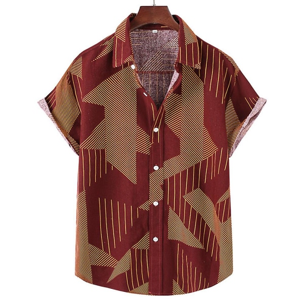Herre Ferie Stil Skjorte Knap Bomuld Hør Kortærmet T-shirt Krave Toppe Red XL