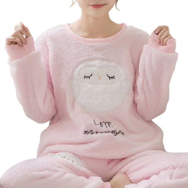 Dam Vinter Flanell Pyjamas Set Söta Tryckta Mjuka Långärmade Topp Och Byxor Loungewear För Kvinnor Flickor Nattkläder Pink Owl L