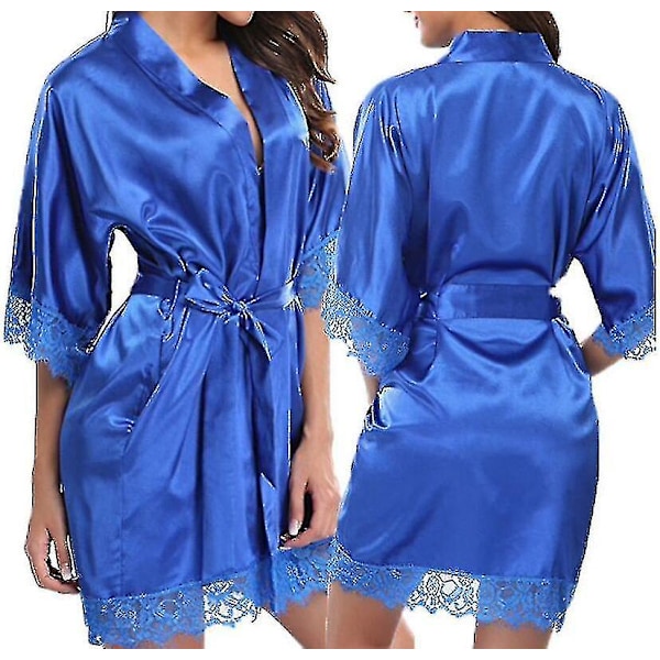 Satin Robe Bröllop Brudtärna Kimono Klänning Nattlinne Badrock -c Blue M