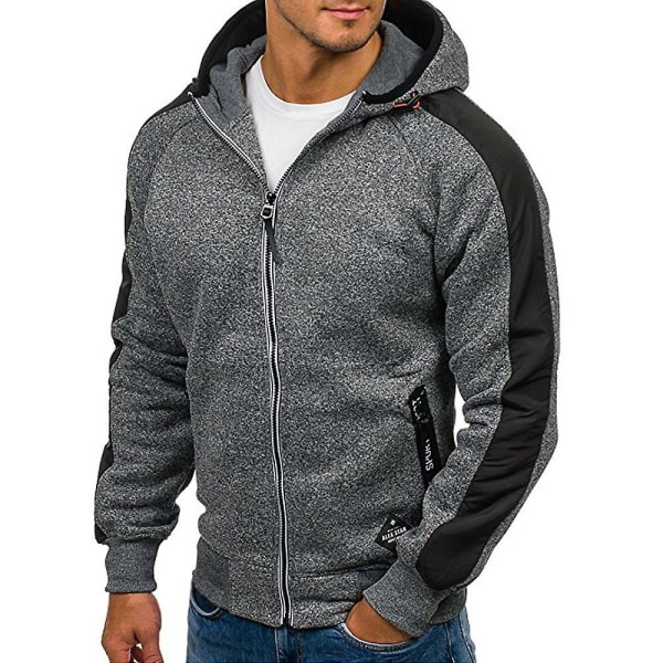 Herr Färgblock Långärmad Hoodie Sport Casual Dragkedja Huvtröja Ytterkläder Med Ficka Light Grey XL